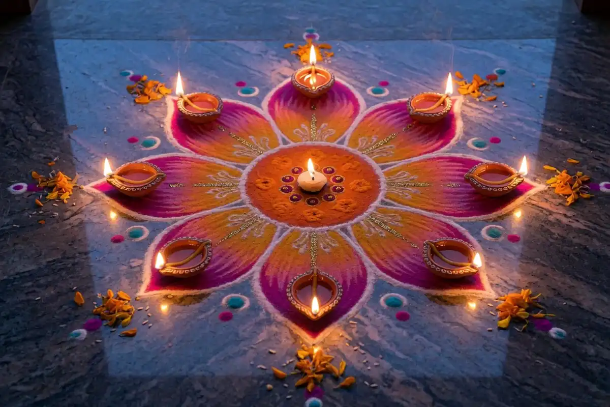 Lamp-ringed lotus rangoli with small diyas around the petals