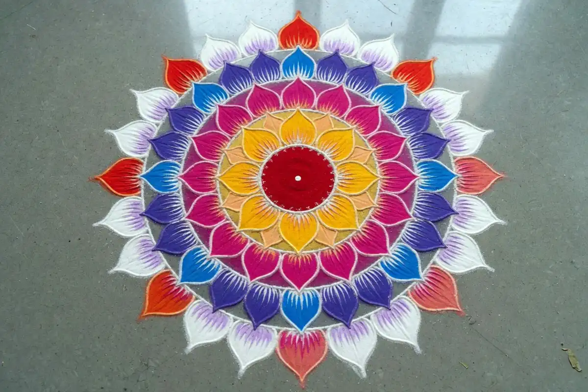 Circle rangoli mandala with eight rings of colorful petals