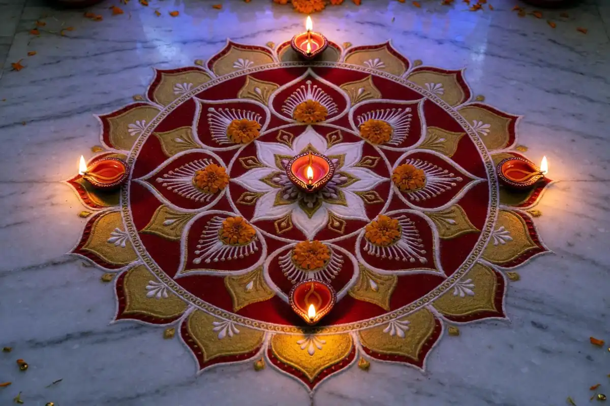 Large mandala rangoli with floating diyas at the corners