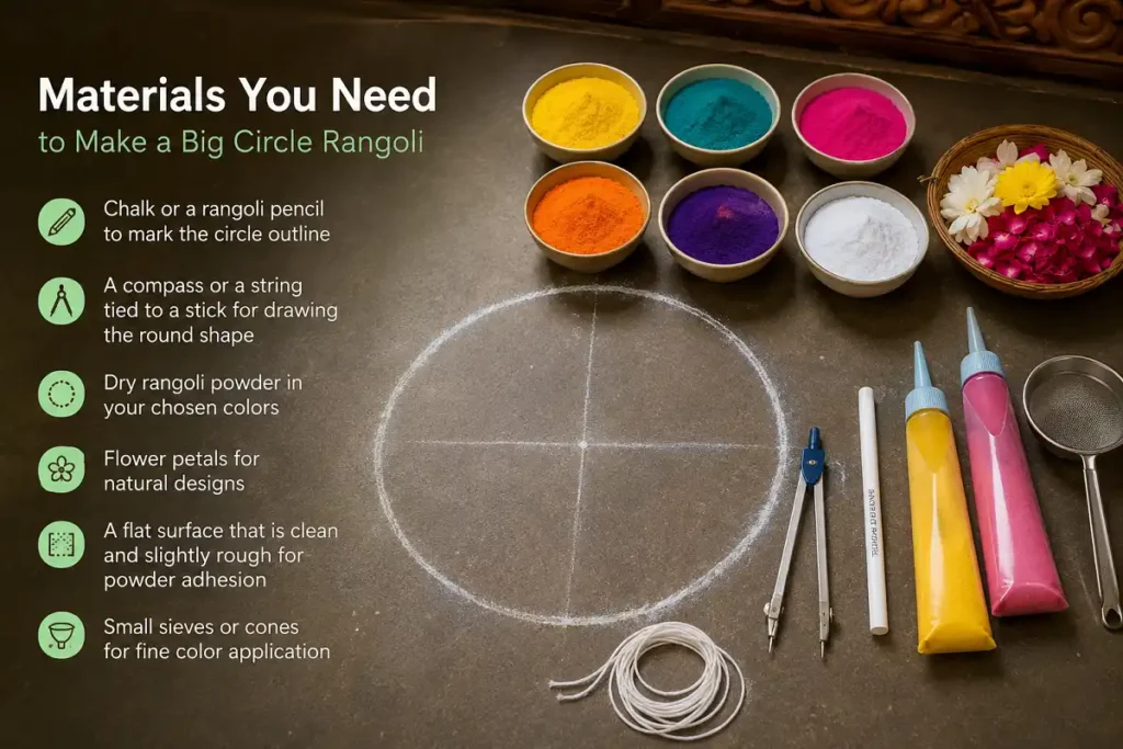 Materials you need to make a big circle rangoli