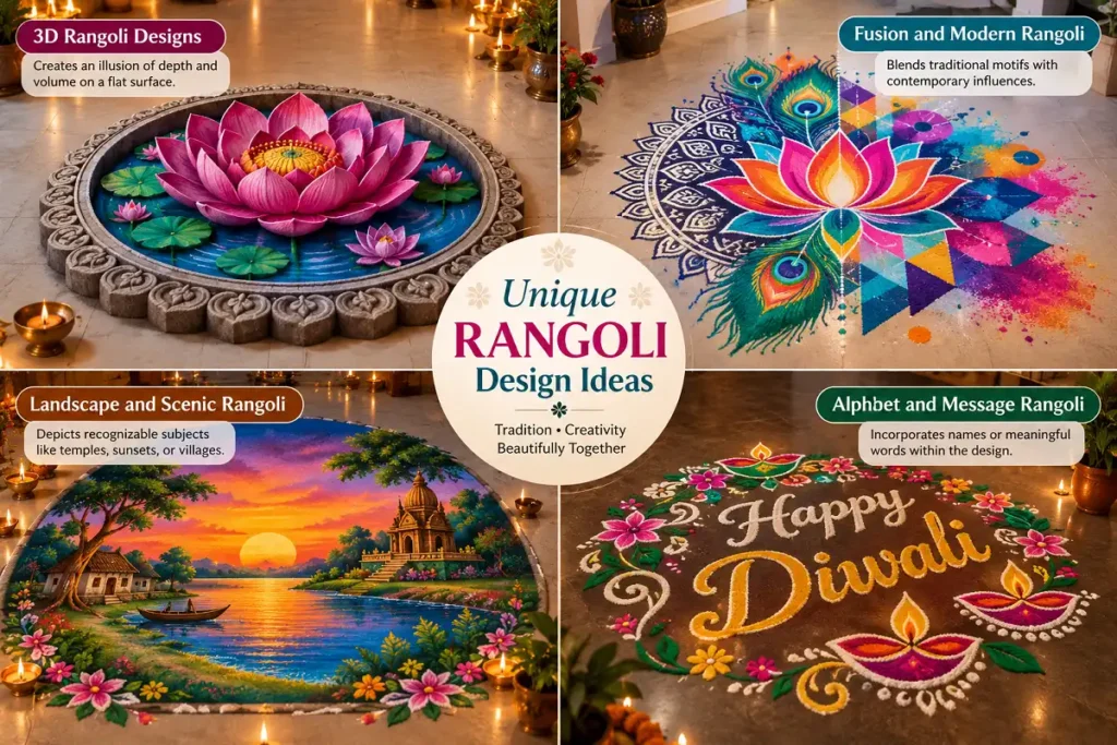 Modern infographic showing 3D, fusion, scenic, and message rangoli designs
