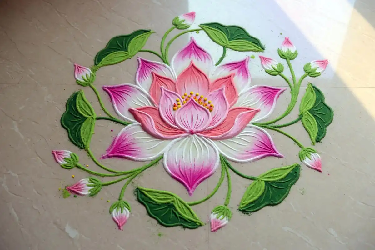 Open lotus heart freehand rangoli with layered petals
