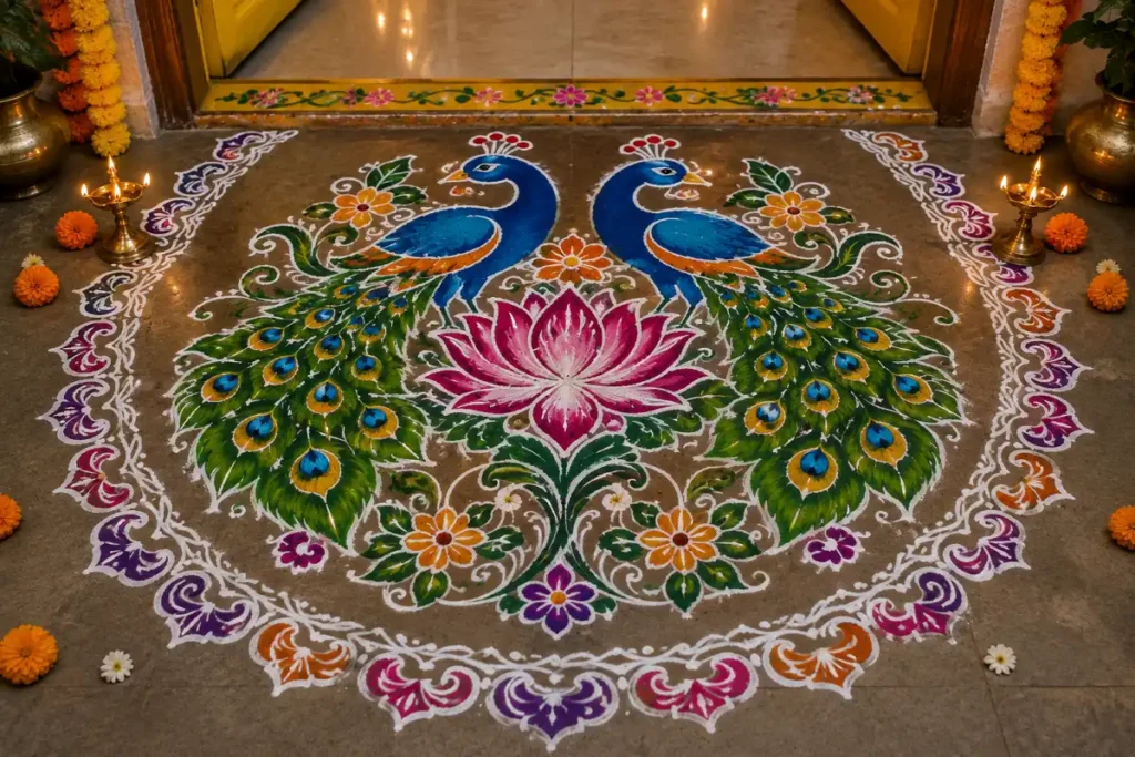 Peacock flower rangoli design for weddings and housewarmings