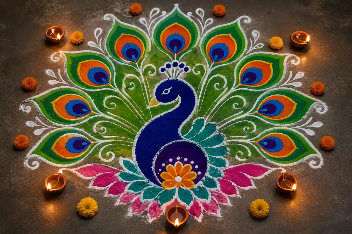 Peacock-inspired rangoli design for Diwali with colorful feathers