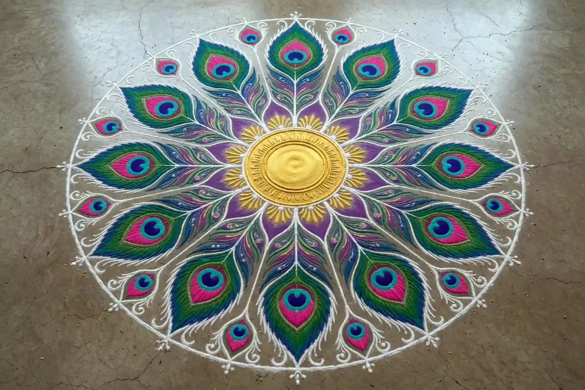 Peacock mandala rangoli with feathers radiating outward