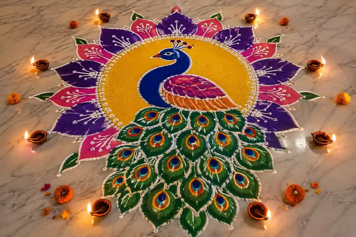 Colorful peacock rangoli design for Diwali photos
