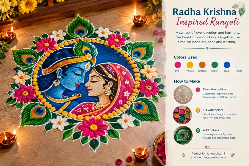 Radha Krishna inspired rangoli design for Janmashtami and weddings