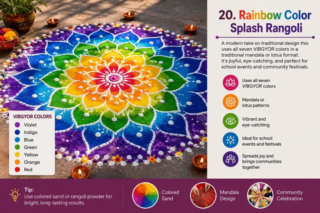 Rainbow color splash rangoli in a vibrant mandala design