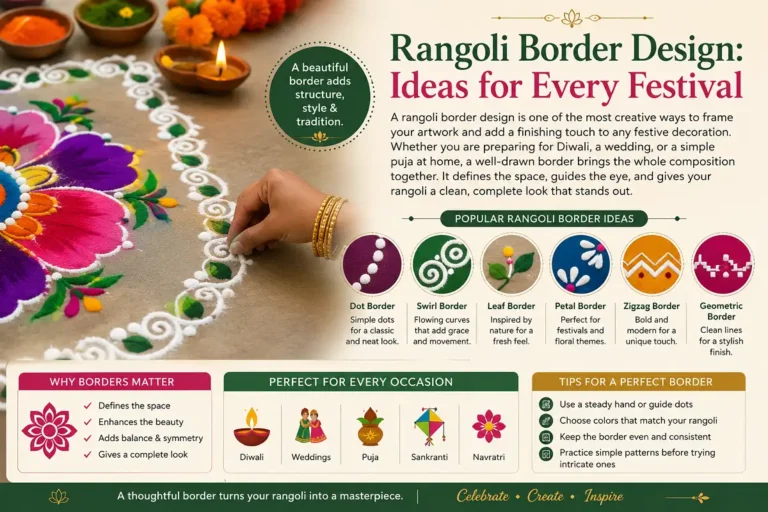 Colorful rangoli border designs with festive motifs, flowers, diyas, and decorative patterns.