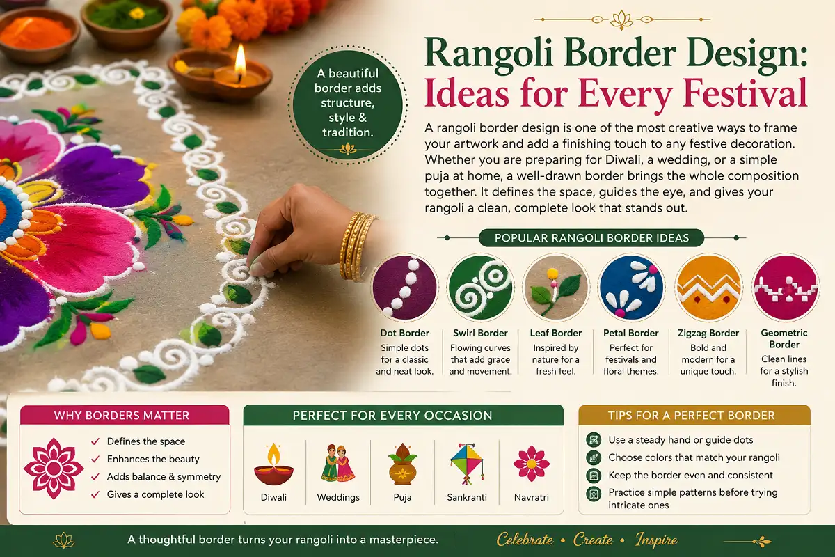 Colorful rangoli border designs with festive motifs, flowers, diyas, and decorative patterns.