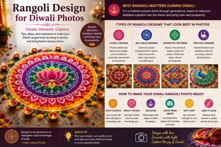 Vibrant Diwali rangoli with diyas and flowers, featuring floral, circular, geometric, and peacock designs with photography tips.