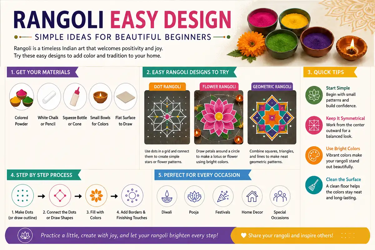 Modern infographic showing easy rangoli designs, materials, steps, tips, and festival ideas.