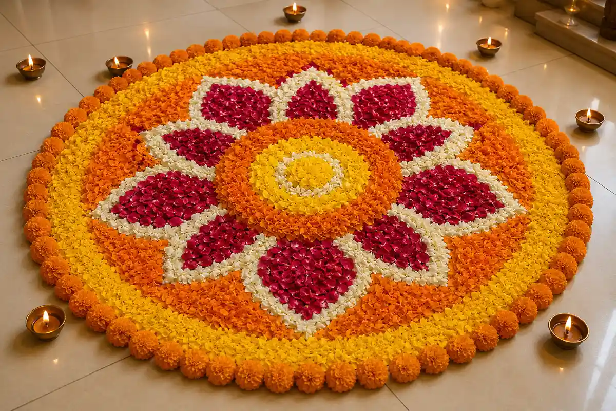 Diwali rangoli made with fresh flower petals