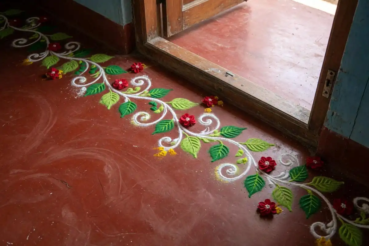 Rose vine rangoli border running along a doorway threshold