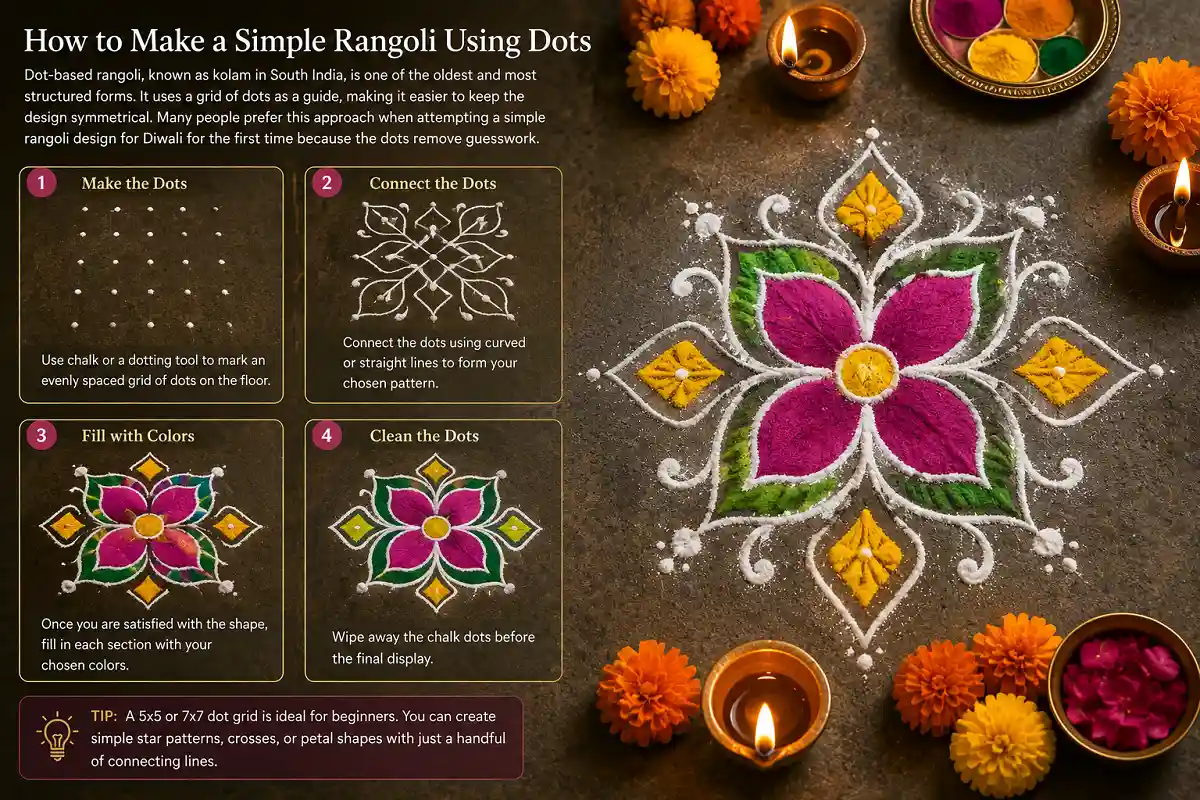 Simple rangoli using dots step by step for Diwali
