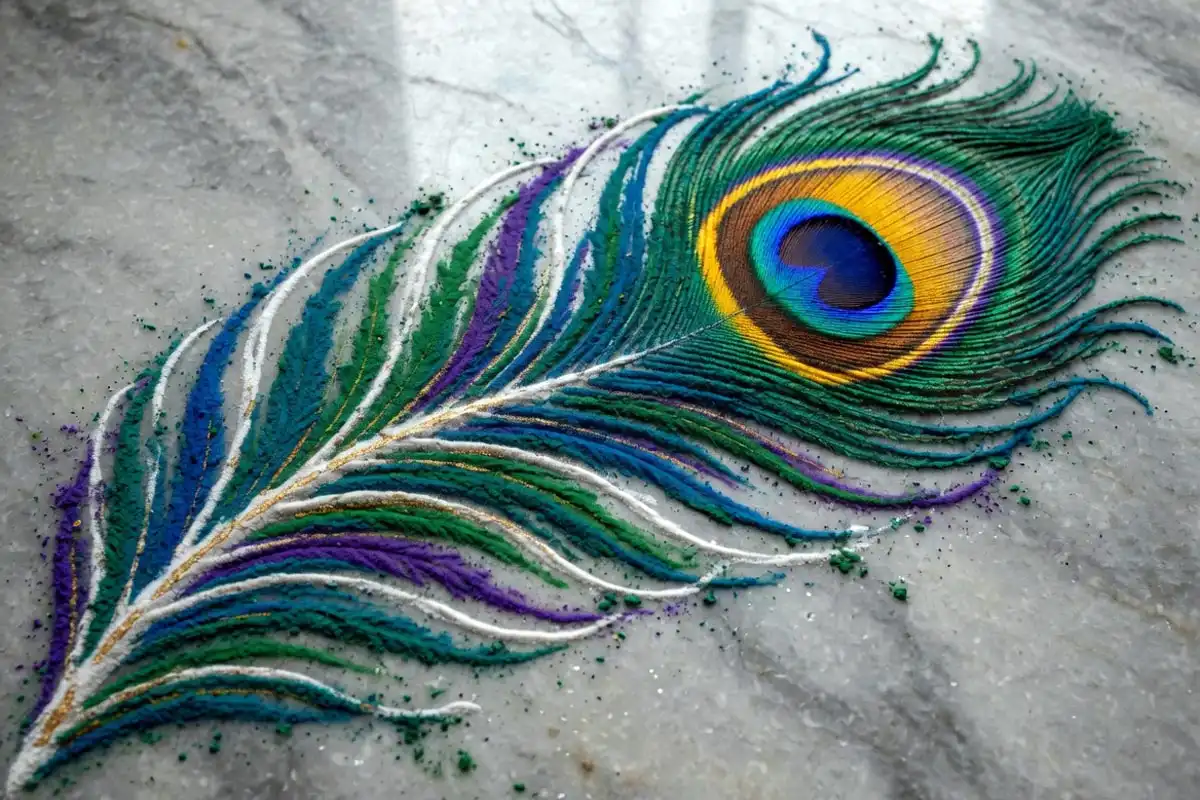Single peacock plume rangoli with blue and green eye rings