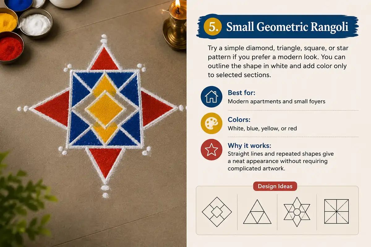 Small geometric rangoli with white, blue, yellow, and red patterns for modern foyers