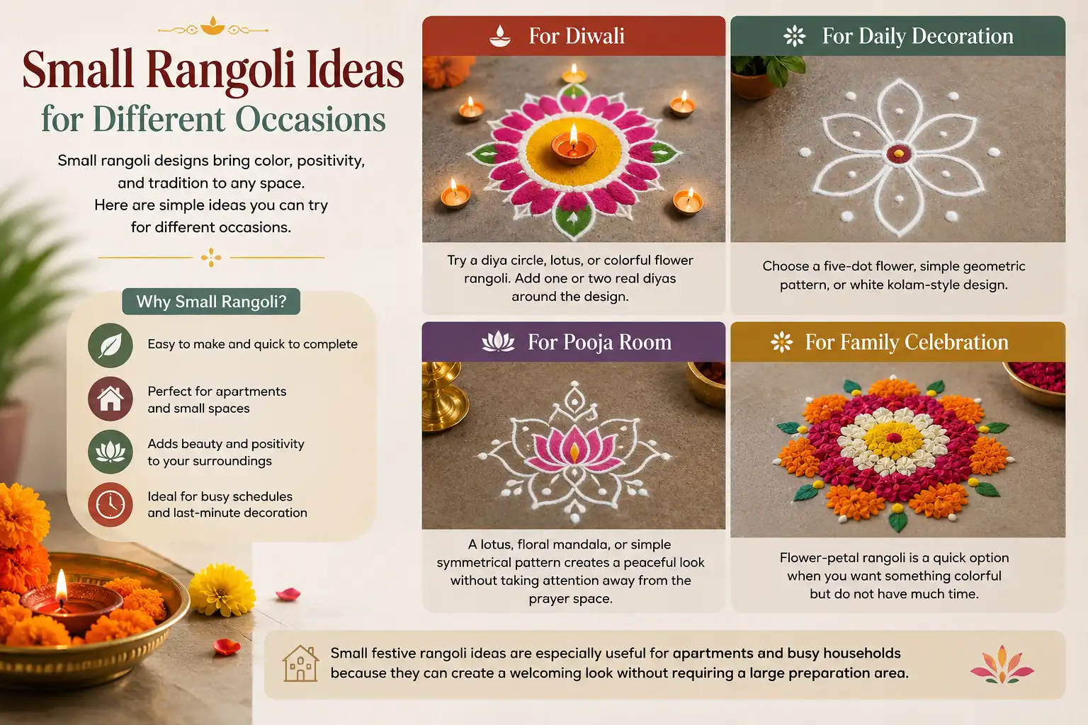 Small rangoli ideas for Diwali, daily décor, puja rooms, and family celebrations