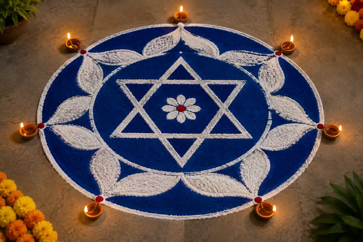Blue and white star and circle rangoli design with diyas