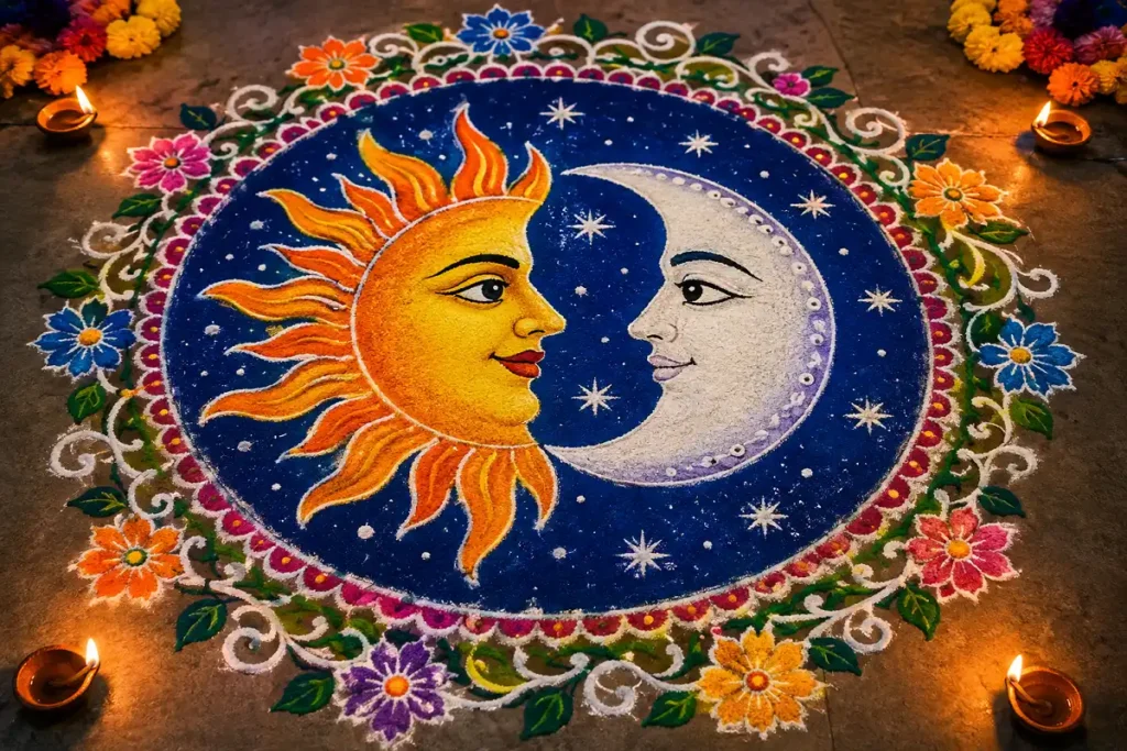 Sun and moon rangoli with stars and floral borders