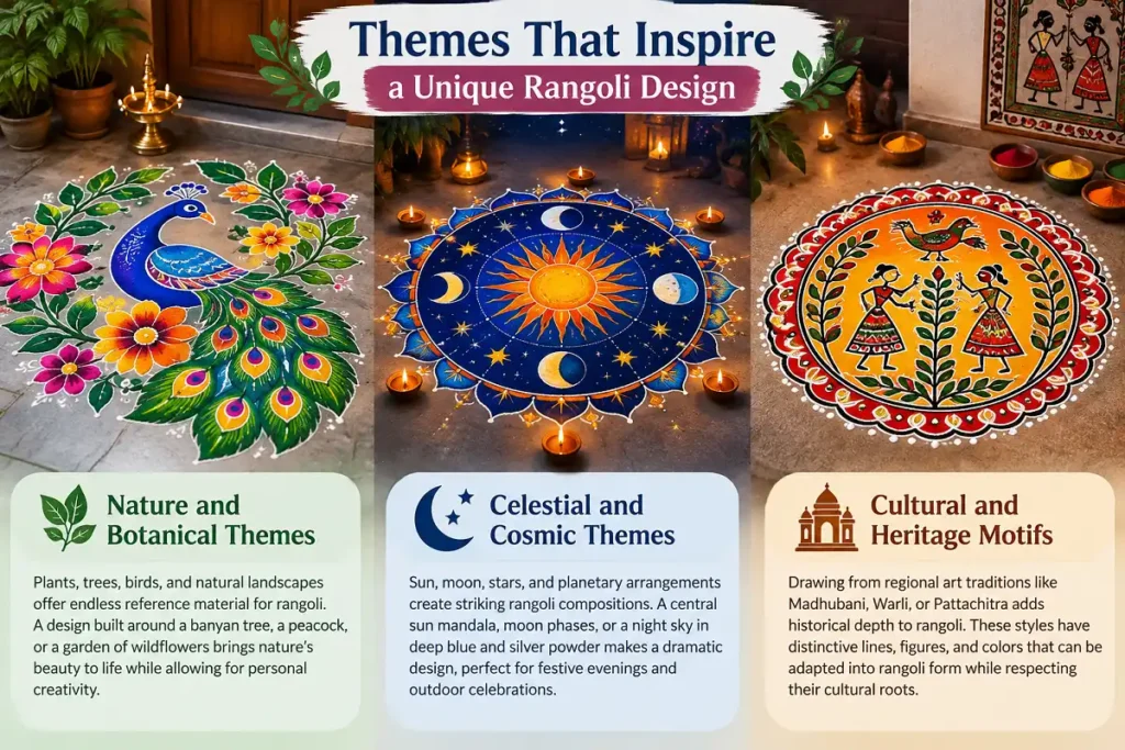 Nature, cosmic, and cultural themes inspiring a unique rangoli design