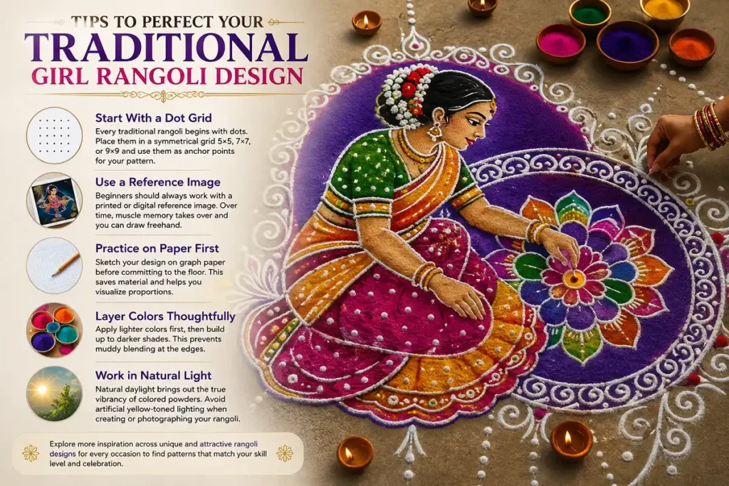 Tips to perfect your traditional girl rangoli design