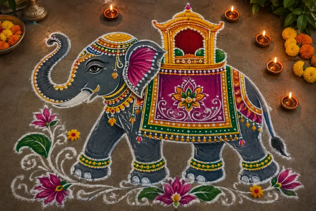 Traditional elephant rangoli design with floral decorations