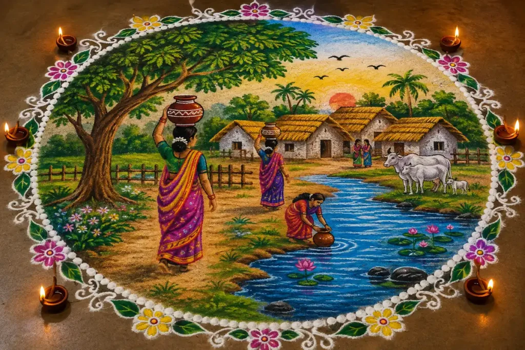 Traditional Indian village scene rangoli design
