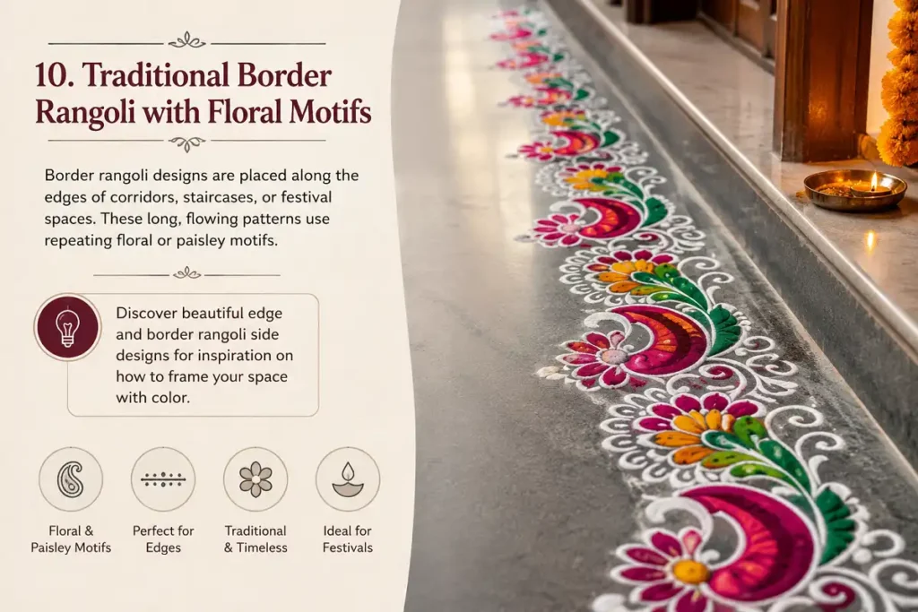 Traditional border rangoli with floral and paisley motifs