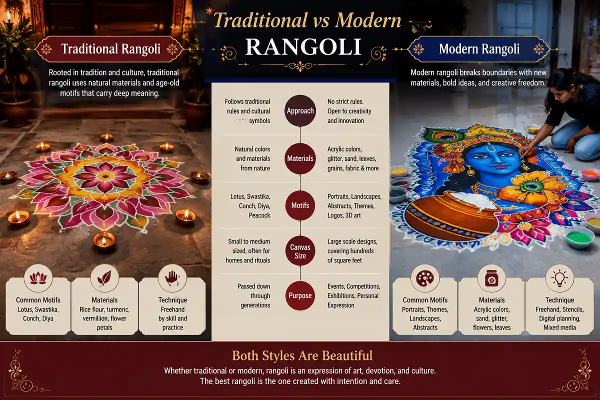 Traditional and modern rangoli designs compared in a mixed photographic and infographic landscape image