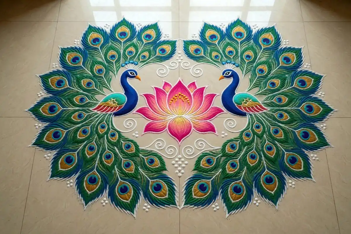 Twin peacocks rangoli facing a central lotus