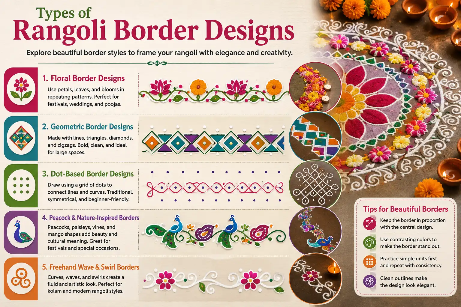Infographic showing five colorful rangoli border design styles and tips.