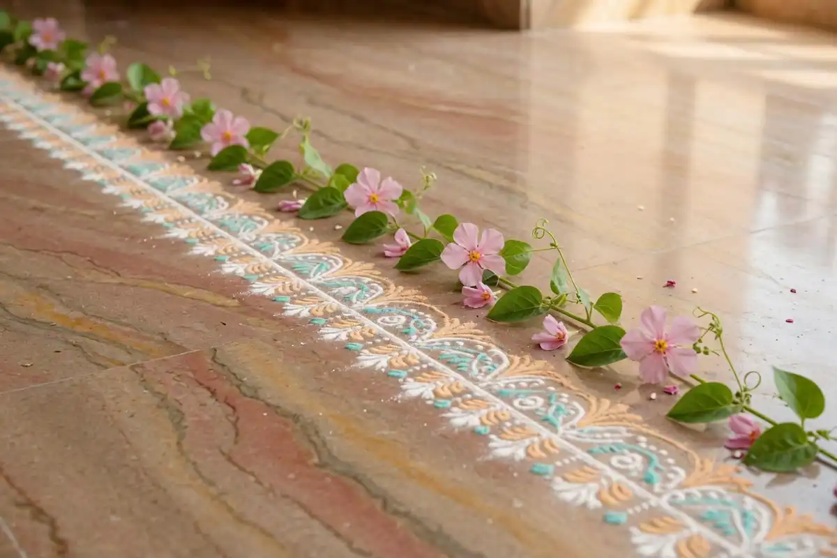 Vine and flower rangoli border in green and pink