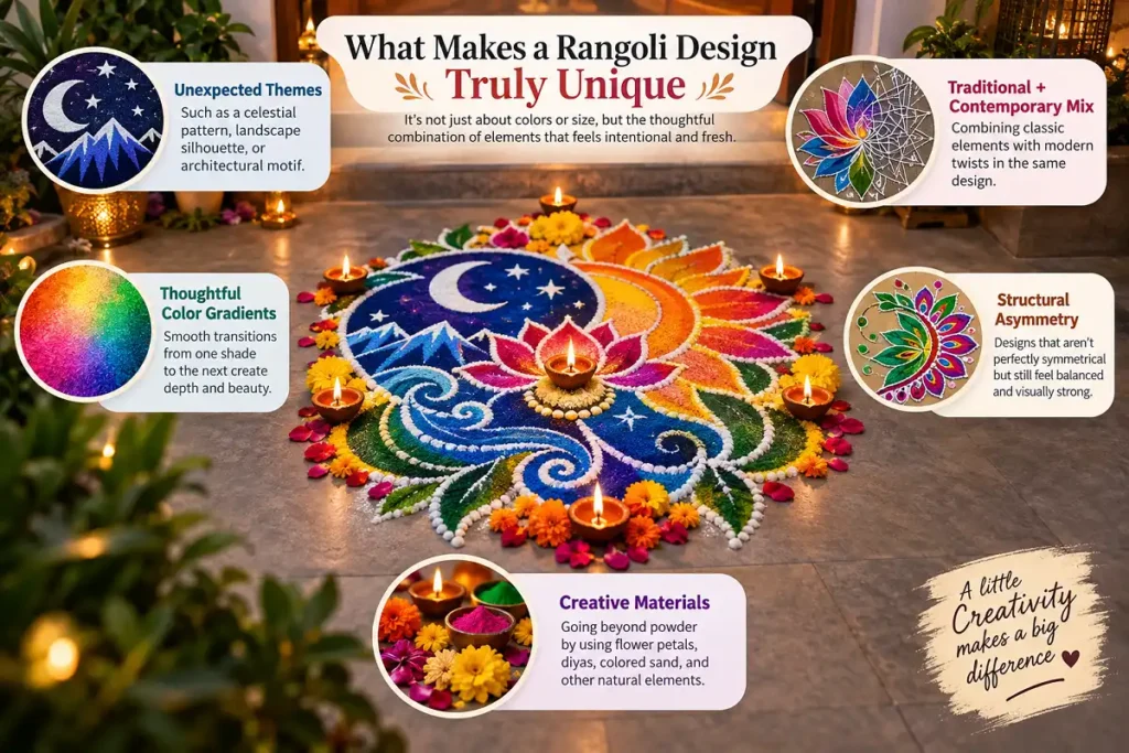 Modern infographic showing the key elements of a truly unique rangoli design
