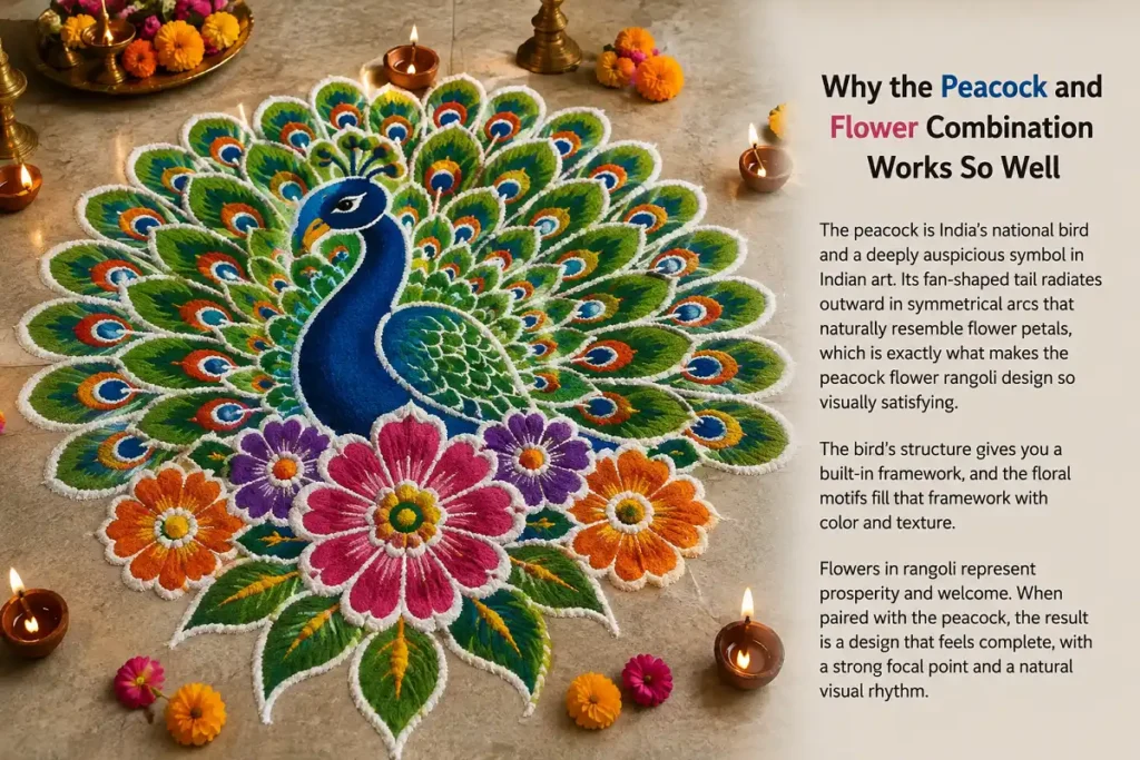 Peacock and flower combination in a colorful rangoli design