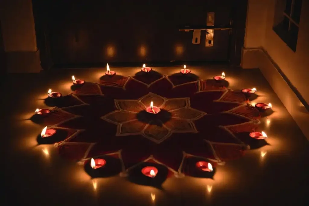Aesthetic rangoli design at home entrance for Diwali decoration with diyas