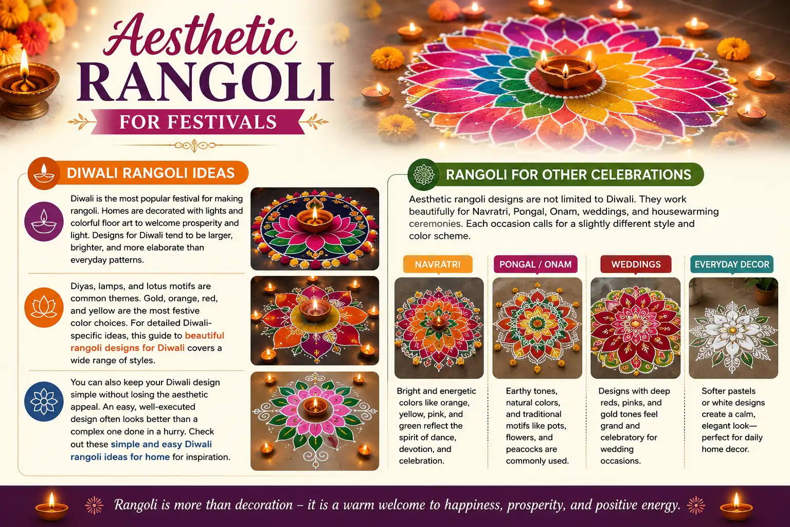 Aesthetic rangoli designs made for festival celebrations with bright colors and diya motifs