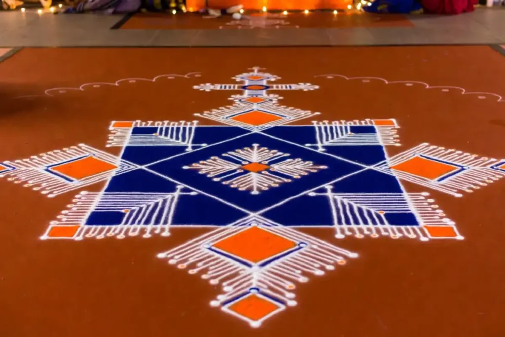 Aesthetic rangoli geometric pattern design with blue and orange colors