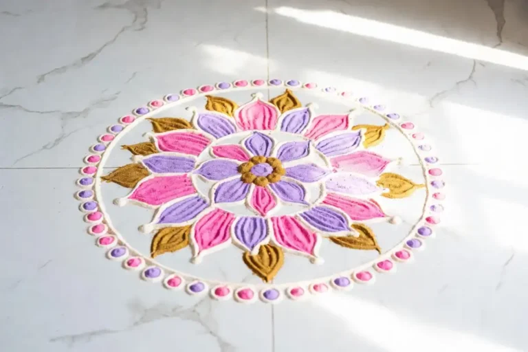 Aesthetic rangoli ideas with pastel floral motif on white marble floor