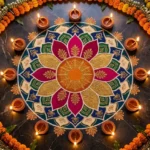 Attractive rangoli design for Diwali 2019 featuring a large colorful lotus mandala with diyas
