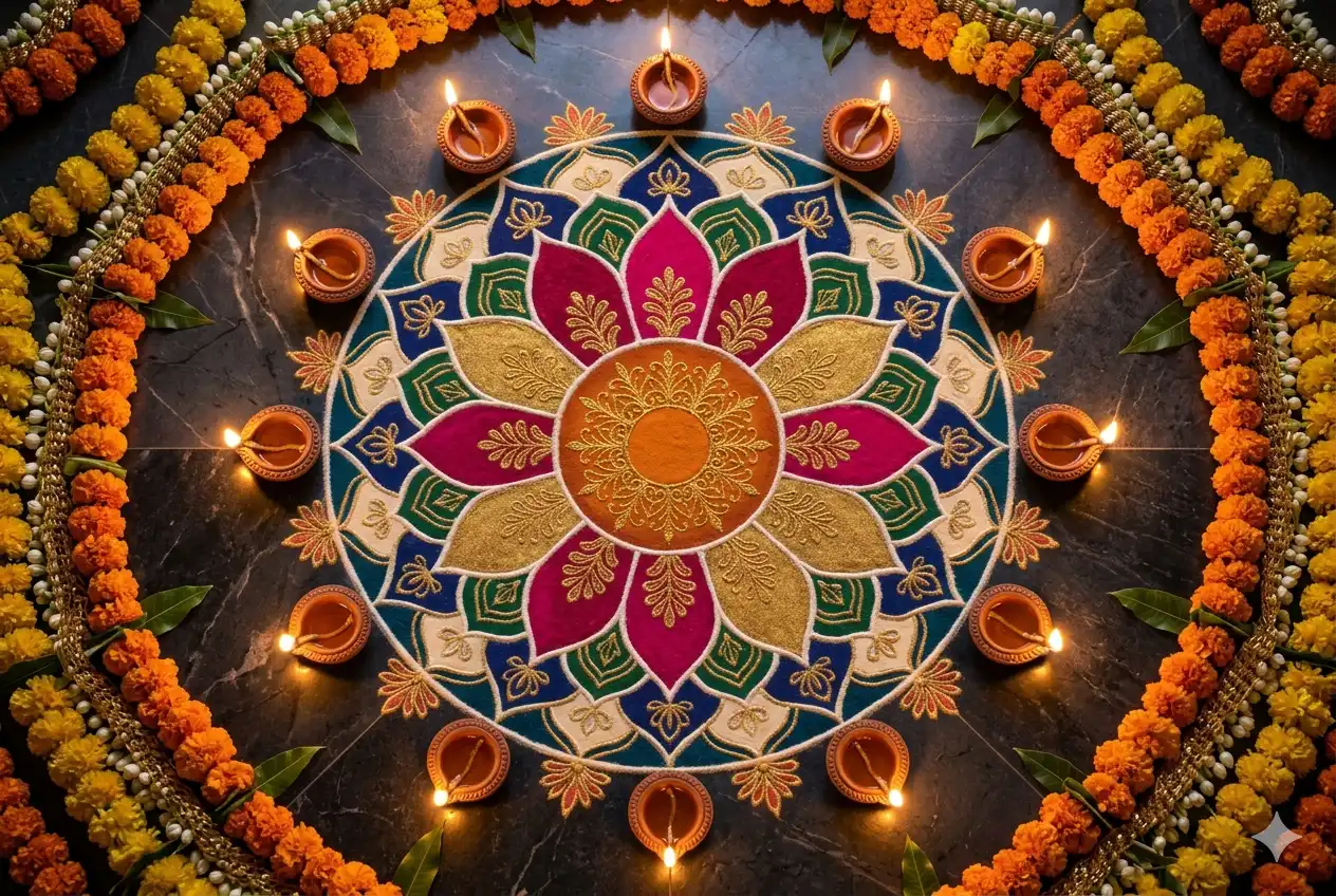 Attractive rangoli design for Diwali 2019 featuring a large colorful lotus mandala with diyas