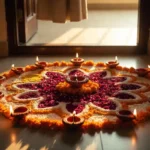 Beautiful rangoli design for Diwali with marigolds and diyas