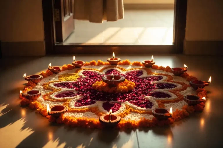 Beautiful rangoli design for Diwali with marigolds and diyas