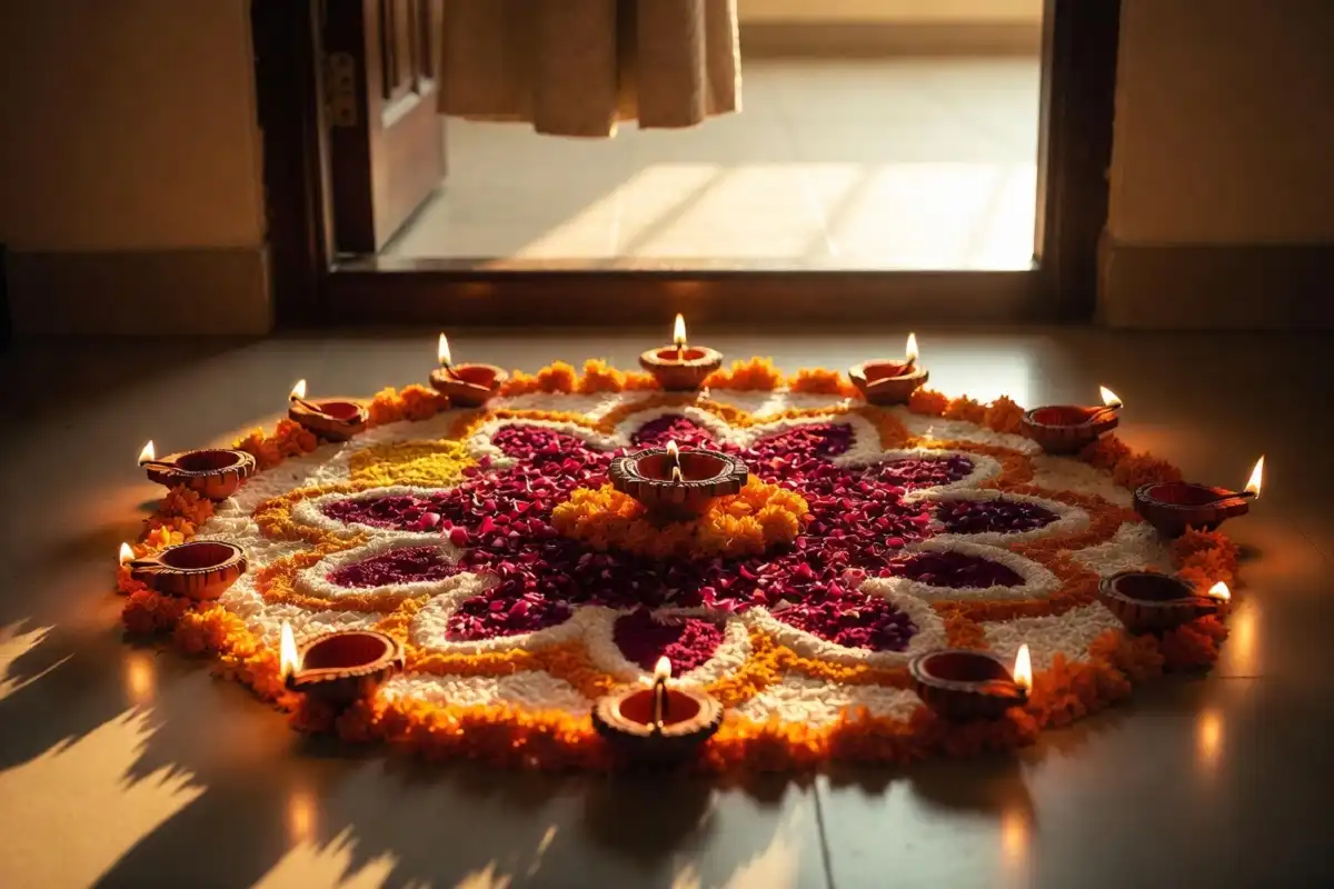 Beautiful rangoli design for Diwali with marigolds and diyas