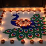 Beautiful peacock rangoli design with diyas for Diwali