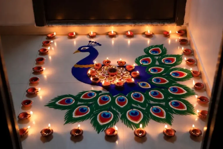 Beautiful peacock rangoli design with diyas for Diwali