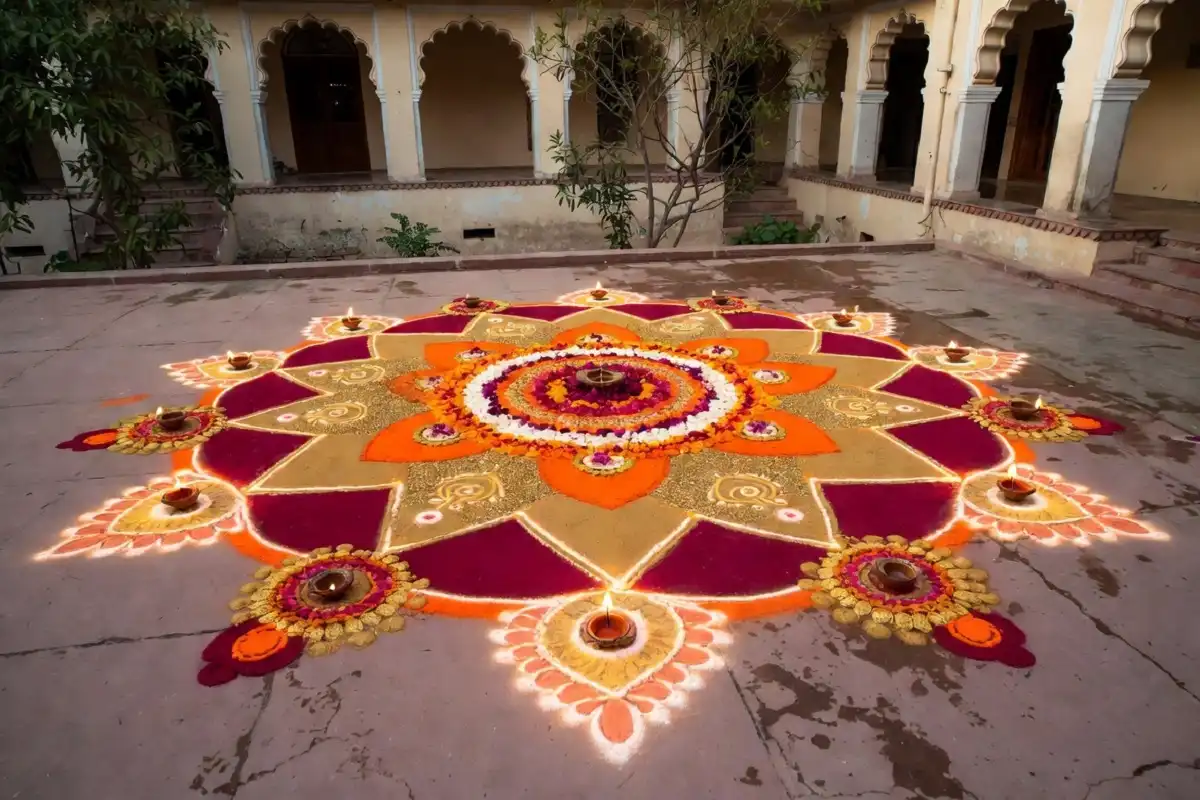 Beautiful rangoli design made with colored powder for Diwali festival