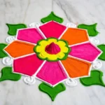 Beautiful rangoli design with colorful floral motifs on a home floor
