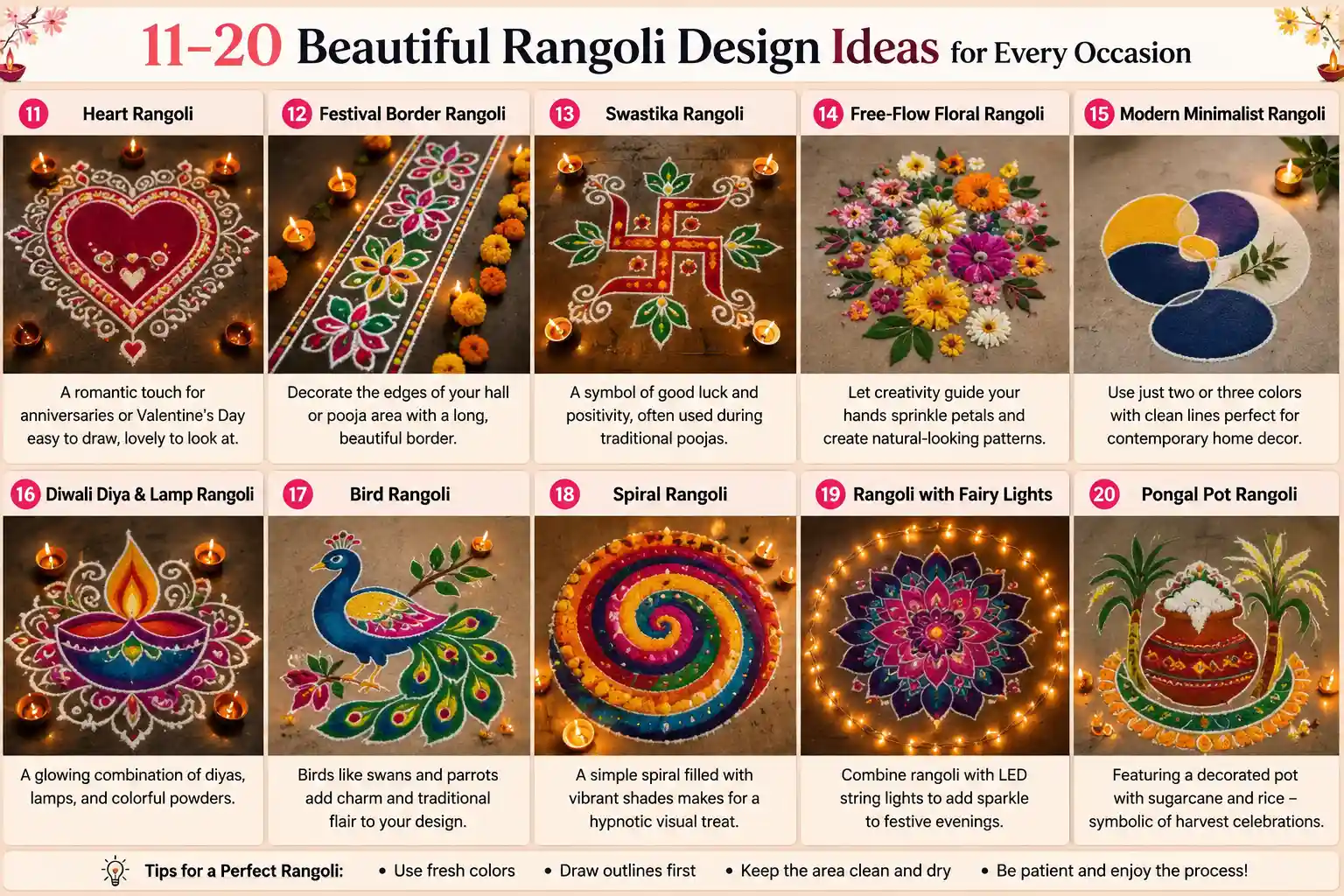 Rangoli design ideas 11 to 20 including heart, border, floral, minimalist, diya, bird, spiral, fairy light and Pongal designs