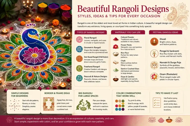 Beautiful rangoli design featuring a colorful peacock with an infographic of rangoli styles, materials, festival ideas, and creative tips